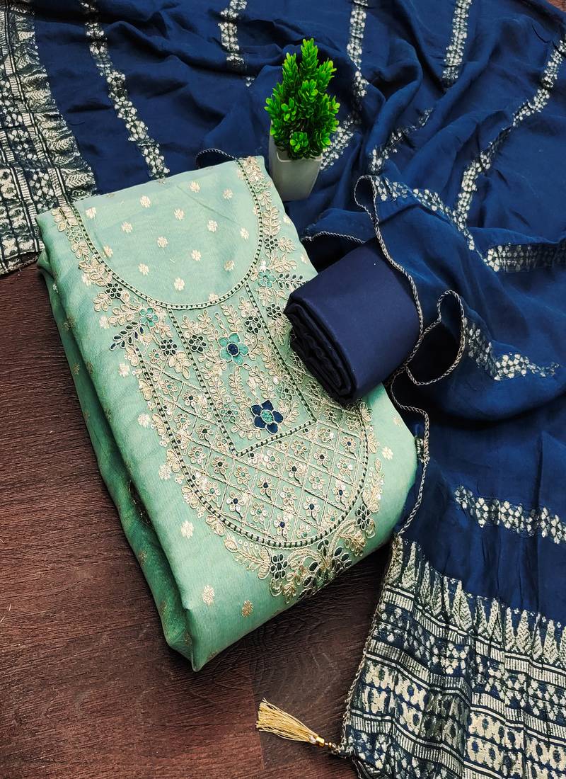  embroidered shimmer unstitched dress material with chanderi jacquard dupatta