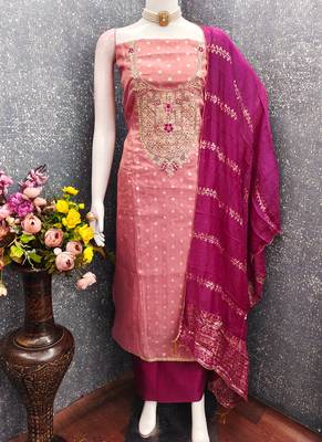  embroidered shimmer unstitched dress material with chanderi jacquard dupatta 2