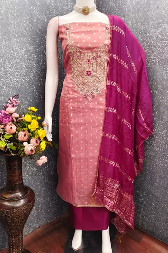  embroidered shimmer unstitched dress material with chanderi jacquard dupatta
