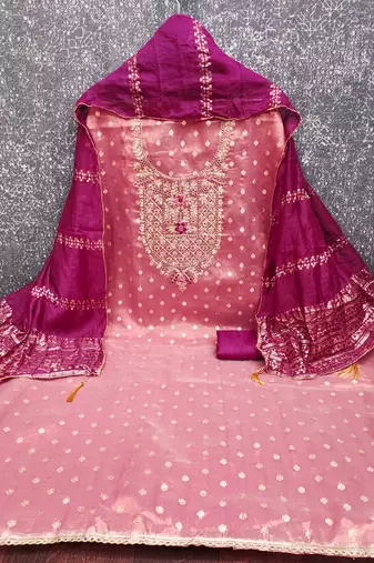  embroidered shimmer unstitched dress material with chanderi jacquard dupatta
