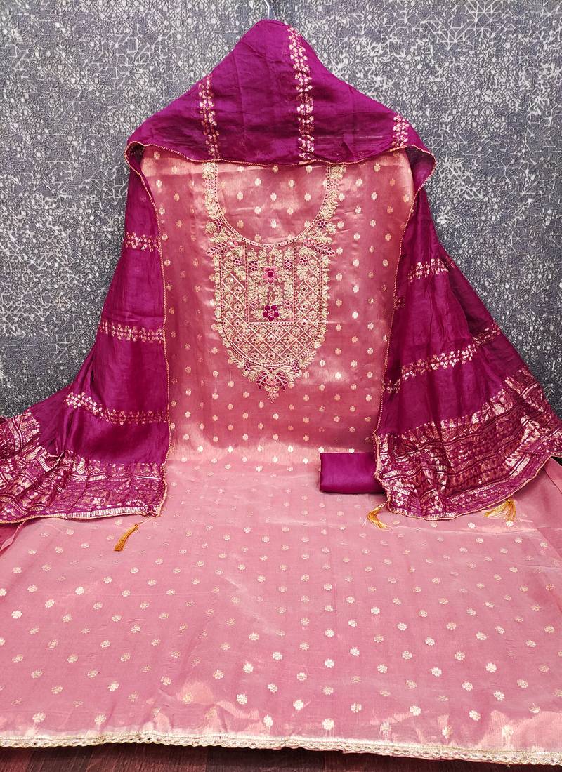  embroidered shimmer unstitched dress material with chanderi jacquard dupatta