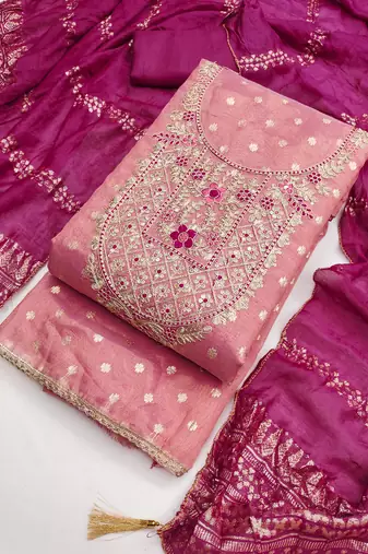  embroidered shimmer unstitched dress material with chanderi jacquard dupatta