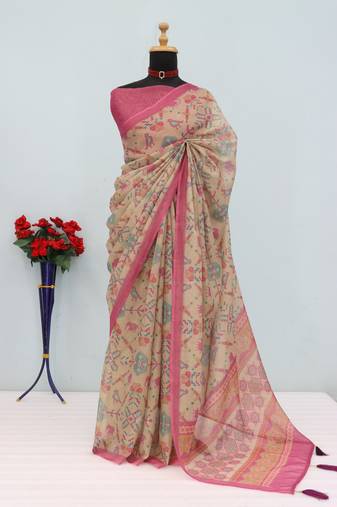 beige pink cotton blend zari weaving floral digital print festive saree with unstitched blouse piece