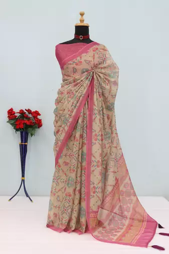 beige pink cotton blend zari weaving floral digital print festive saree with unstitched blouse piece