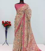 beige pink cotton blend zari weaving floral digital print festive saree with unstitched blouse piece