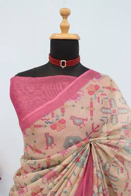 beige pink cotton blend zari weaving floral digital print festive saree with unstitched blouse piece 2