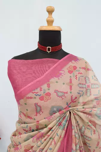 beige pink cotton blend zari weaving floral digital print festive saree with unstitched blouse piece