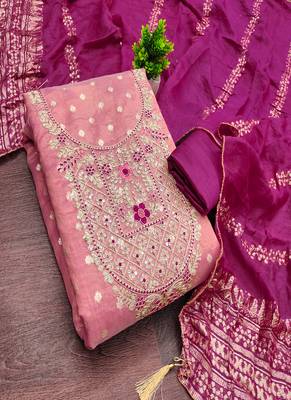  embroidered shimmer unstitched dress material with chanderi jacquard dupatta 5