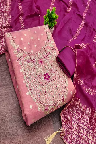  embroidered shimmer unstitched dress material with chanderi jacquard dupatta