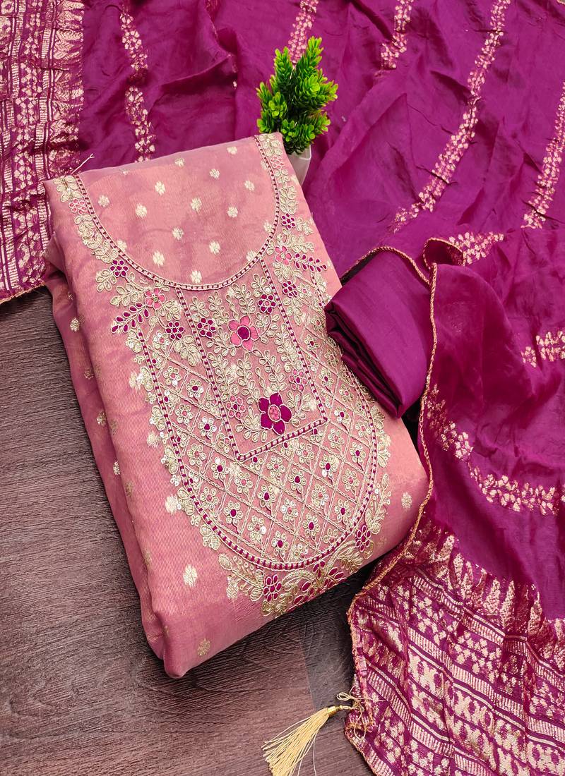  embroidered shimmer unstitched dress material with chanderi jacquard dupatta