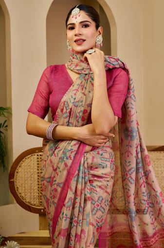 beige pink cotton blend zari weaving floral digital print festive saree with unstitched blouse piece