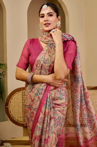 beige pink cotton blend zari weaving floral digital print festive saree with unstitched blouse piece