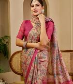 beige pink cotton blend zari weaving floral digital print festive saree with unstitched blouse piece