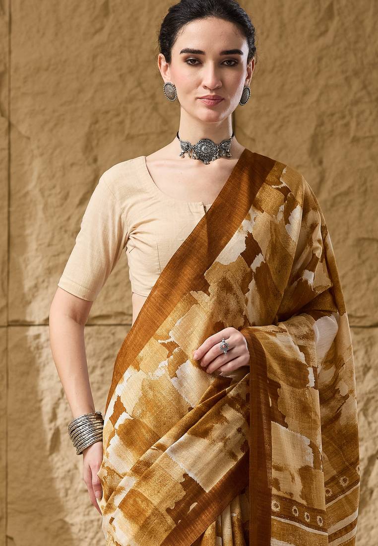 Mustard color silk blend fabric stylish printed  ready to wear saree