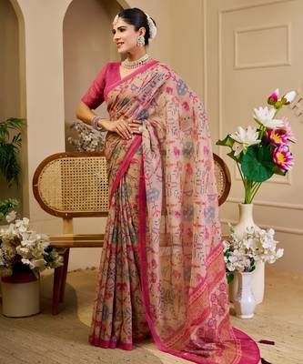 beige pink cotton blend zari weaving floral digital print festive saree with unstitched blouse piece 2