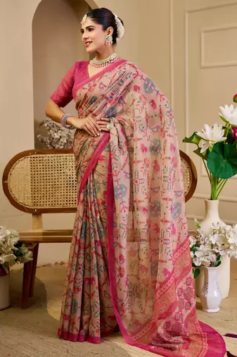 beige pink cotton blend zari weaving floral digital print festive saree with unstitched blouse piece