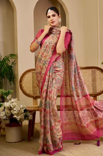 beige pink cotton blend zari weaving floral digital print festive saree with unstitched blouse piece