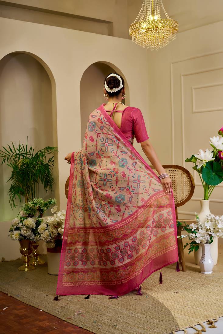 beige pink cotton blend zari weaving floral digital print festive saree with unstitched blouse piece