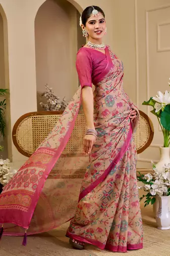 beige pink cotton blend zari weaving floral digital print festive saree with unstitched blouse piece
