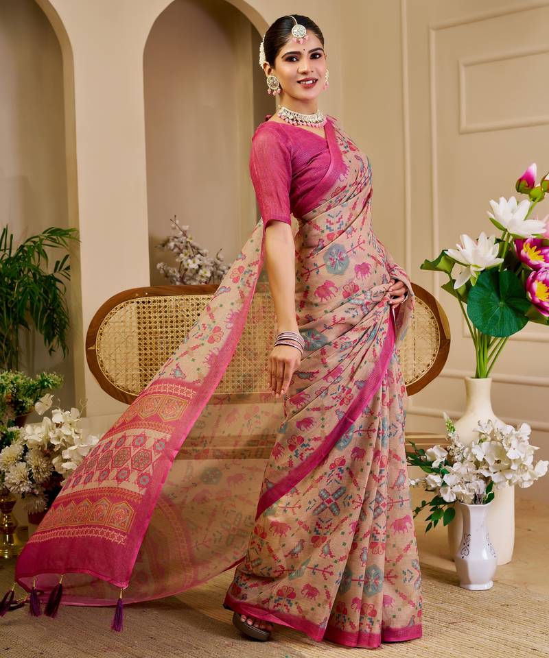 beige pink cotton blend zari weaving floral digital print festive saree with unstitched blouse piece
