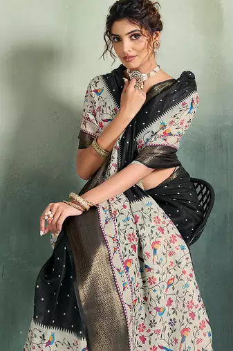 Black color linen fabric graceful festive looks fancy saree