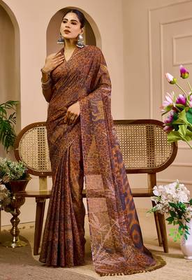 maroon cotton blend zari weaving floral digital print festive saree with unstitched blouse piece 1