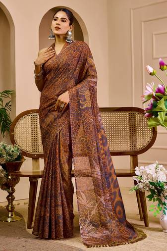 maroon cotton blend zari weaving floral digital print festive saree with unstitched blouse piece