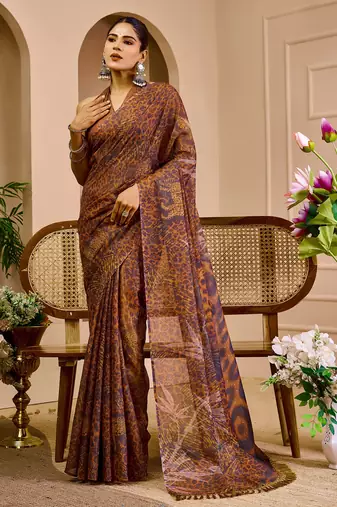 maroon cotton blend zari weaving floral digital print festive saree with unstitched blouse piece
