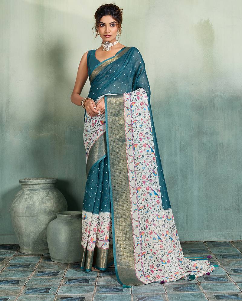 Teal blue color linen fabric graceful festive looks fancy saree