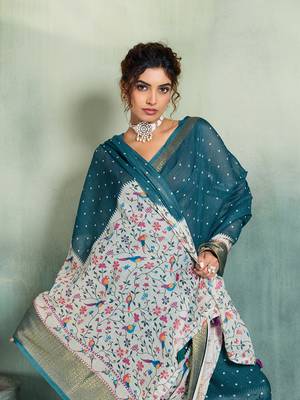 Teal blue color linen fabric graceful festive looks fancy saree 3