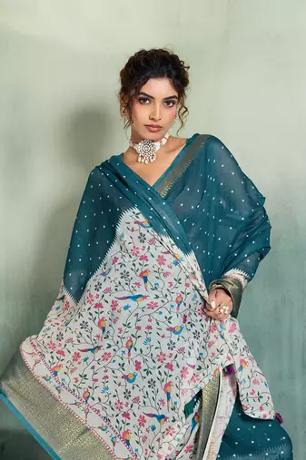 Teal blue color linen fabric graceful festive looks fancy saree