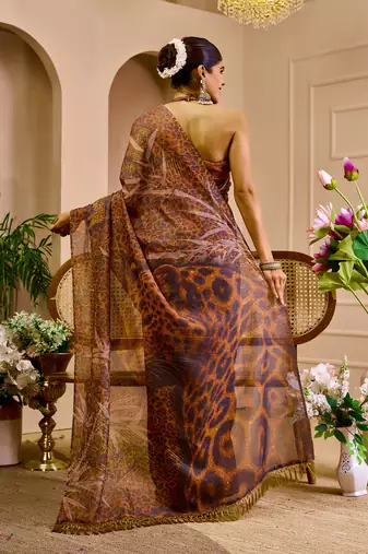 maroon cotton blend zari weaving floral digital print festive saree with unstitched blouse piece