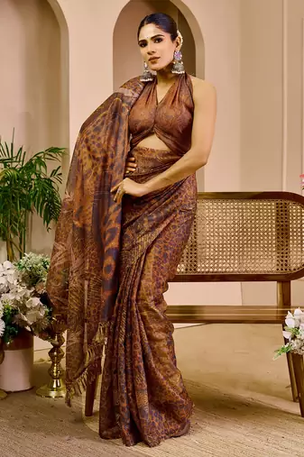 maroon cotton blend zari weaving floral digital print festive saree with unstitched blouse piece