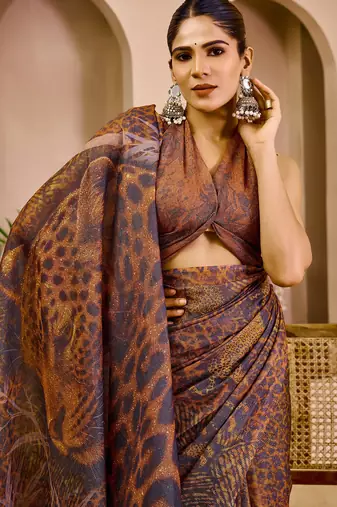maroon cotton blend zari weaving floral digital print festive saree with unstitched blouse piece