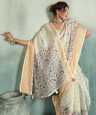 White color linen fabric graceful festive looks fancy saree 3
