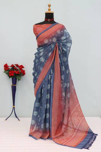 blue red cotton blend zari weaving floral digital print festive saree with unstitched blouse piece