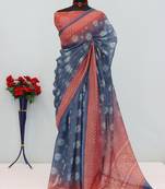 blue red cotton blend zari weaving floral digital print festive saree with unstitched blouse piece