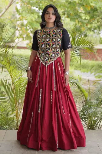Maroon Rayon Readymade Navratri Lehenga Choli with Embroidery & Miroor Work