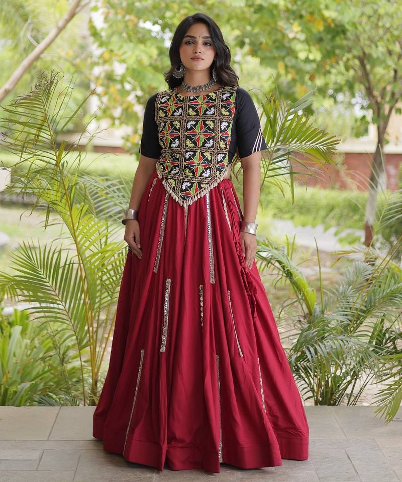 Maroon Rayon Readymade Navratri Lehenga Choli with Embroidery & Miroor Work