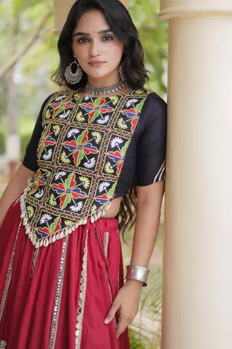 Maroon Rayon Readymade Navratri Lehenga Choli with Embroidery & Miroor Work
