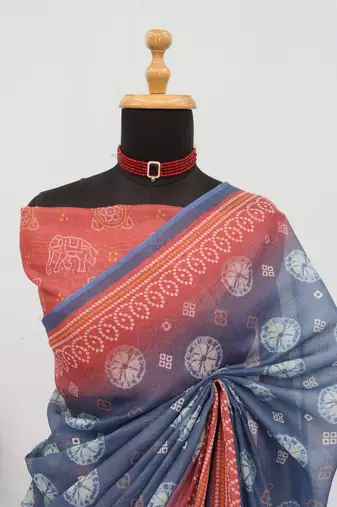 blue red cotton blend zari weaving floral digital print festive saree with unstitched blouse piece