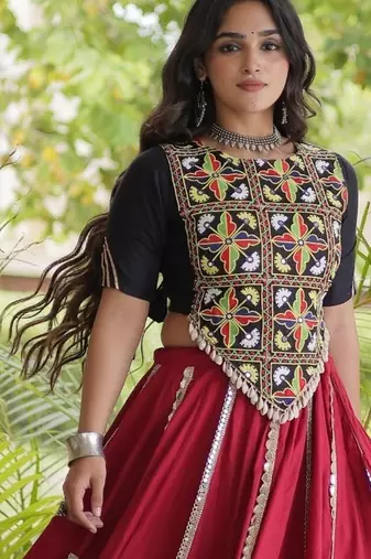 Maroon Rayon Readymade Navratri Lehenga Choli with Embroidery & Miroor Work