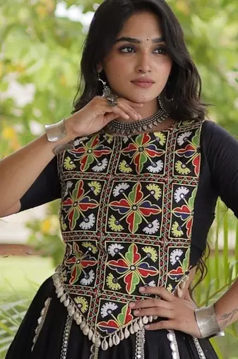 Black Rayon Readymade Navratri Lehenga Choli with Embroidery & Miroor Work