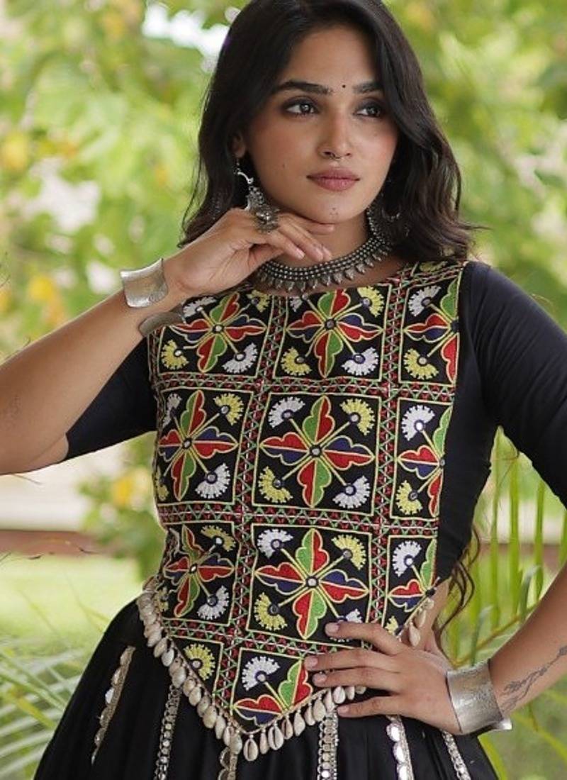 Black Rayon Readymade Navratri Lehenga Choli with Embroidery & Miroor Work