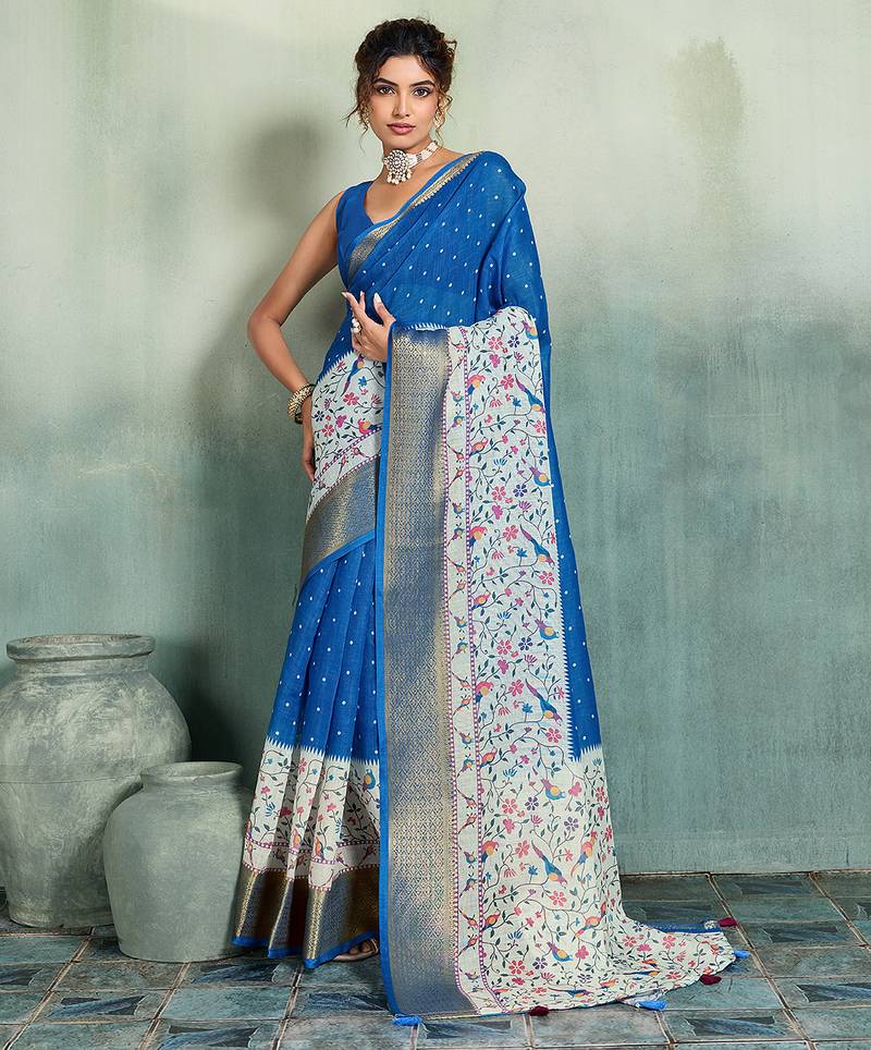 Blue color linen fabric graceful festive looks fancy saree
