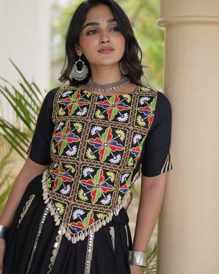 Black Rayon Readymade Navratri Lehenga Choli with Embroidery & Miroor Work 2