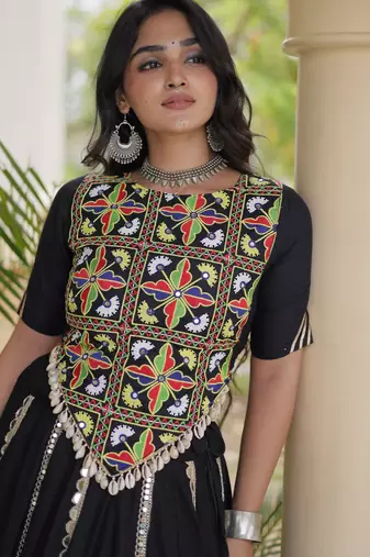 Black Rayon Readymade Navratri Lehenga Choli with Embroidery & Miroor Work