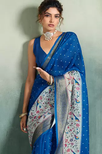 Blue color linen fabric graceful festive looks fancy saree