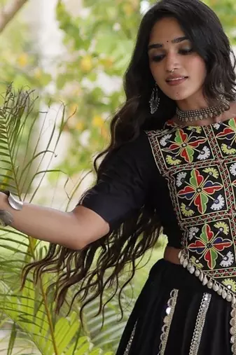 Black Rayon Readymade Navratri Lehenga Choli with Embroidery & Miroor Work