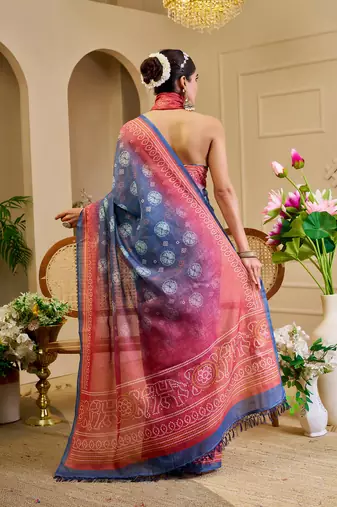 blue red cotton blend zari weaving floral digital print festive saree with unstitched blouse piece